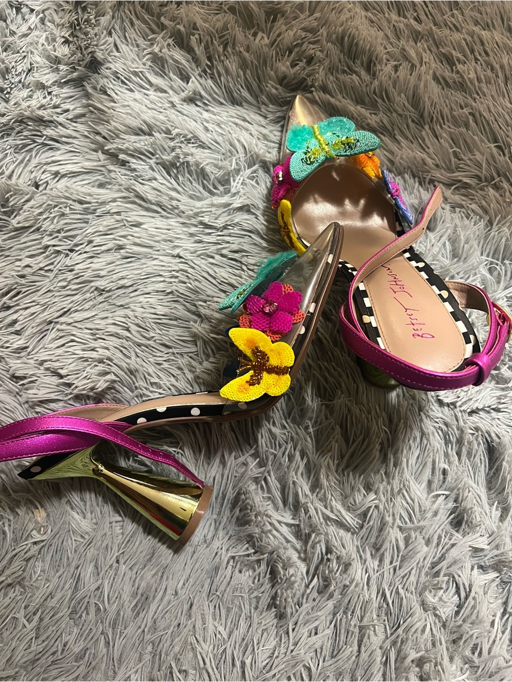 Betsey Johnson Multicolor Butterfly Floral Heels - Pink Metallic & Gold